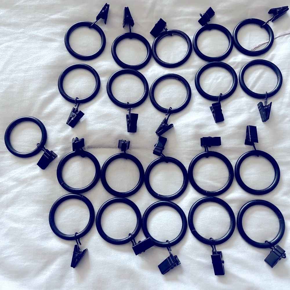 Curtain Rings w/clips Lot of 21 Black  Metal Drapery Hardware 1-3/8” NWOT